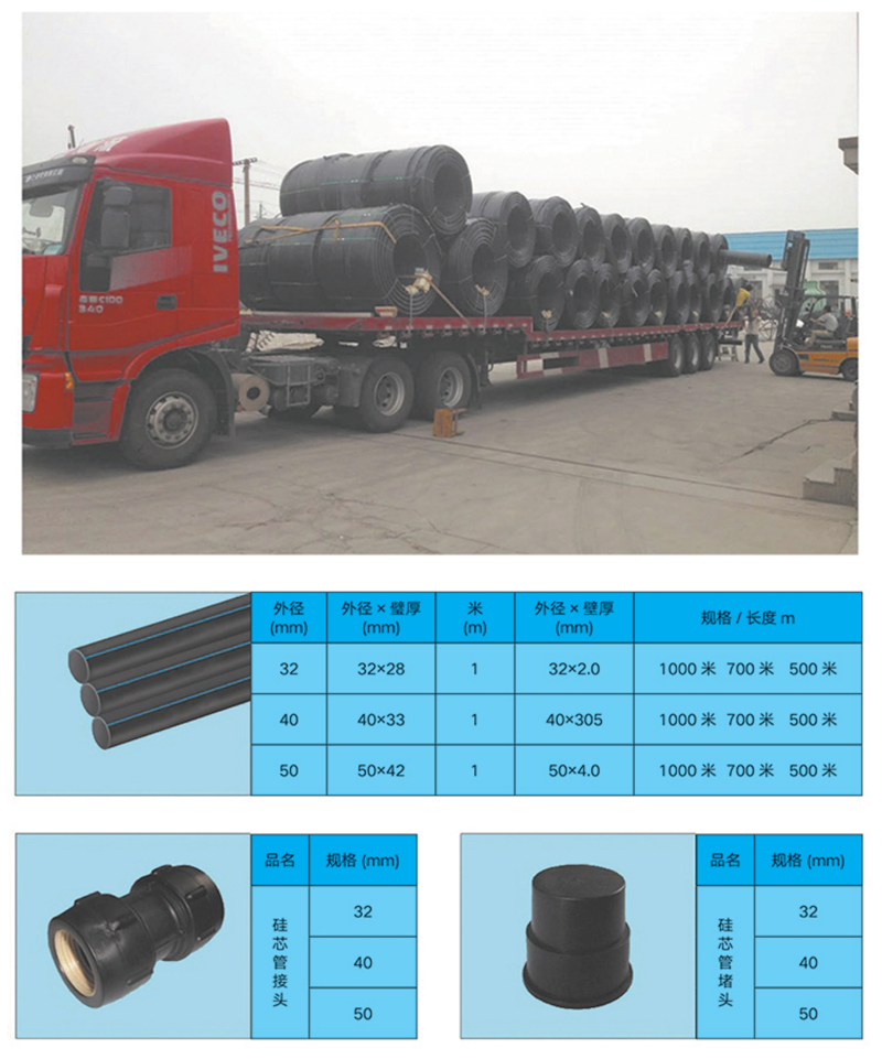 高密度聚乙烯(HDPE )硅芯管制作，系采用特種HDPE原料加硅料共擠復(fù)合而成，具備以下基本特性: 1.管道的強(qiáng)度，包括抗壓，抗張和抗沖擊能力，充分考慮到光(電)纜保護(hù)所需的安全系數(shù)，不再需要大管作外層保護(hù)。 2、硅管曲率半徑小，為其外徑的十倍。敷管時(shí)遇到彎曲處和上下管落差處可隨路而轉(zhuǎn)或隨坡而走，無(wú)須作任何特別處理，更不必設(shè)入井過(guò)渡。 3、其內(nèi)壁的硅芯層是固體的，永久的潤(rùn)滑濟(jì)。 4、其內(nèi)壁的硅芯層被同步擠壓進(jìn)壁內(nèi)，均勻地分布于整個(gè)內(nèi)壁，硅芯層與高度密聚乙烯具有相同的物理和機(jī)械特性:不會(huì)剝落，脫離。 5、其內(nèi)壁硅芯層的摩擦特性保持不變，纜線在管道內(nèi)反復(fù)抽取。 6、其內(nèi)璧的硅芯層不與水溶，污物進(jìn)管后可用水沖洗管道，可免遭嚙齒動(dòng)物破壞。7、抗老化，使用壽命長(zhǎng)，埋入地下可達(dá)50年以上。 8、耐候性能好。 9、施工快捷，可大降低工程造價(jià)。